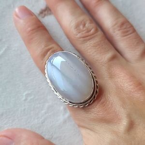 925 Silver White Agate Ring Size 8.5